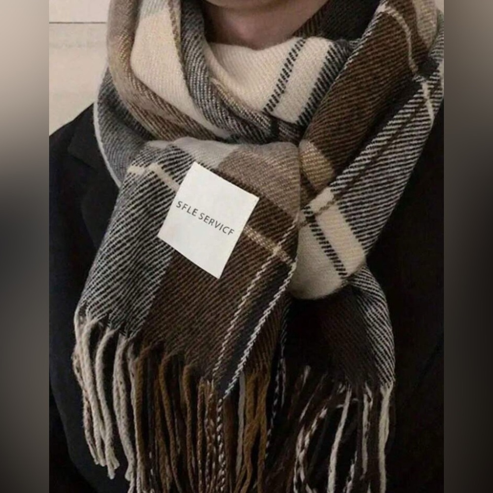 Brown & Cream Plaid Fringe Scarf
